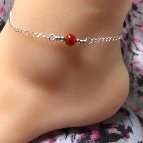 Red Agate Sterling Silver Ankle Bracelet- Fire Red Agate Sterling Silver Anklet - Picture 2 of 4